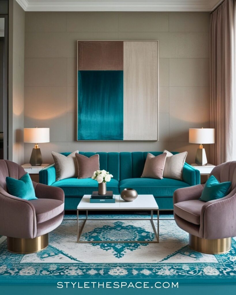 Modern Teal and Taupe Living Room Design
