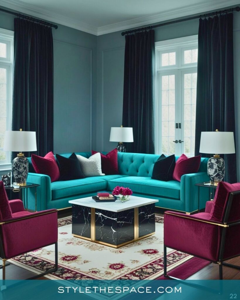 Elegant Teal and Burgundy Living Room Idea