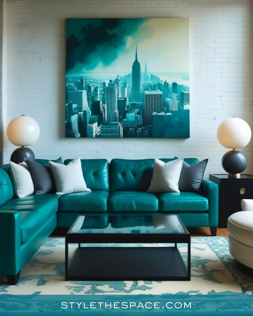 Modern Teal Living Room With City-Inspired Style