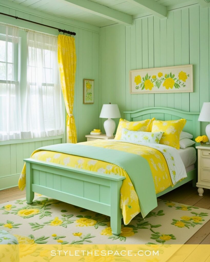 Mint Green and Soft Yellow Cottage Bedroom