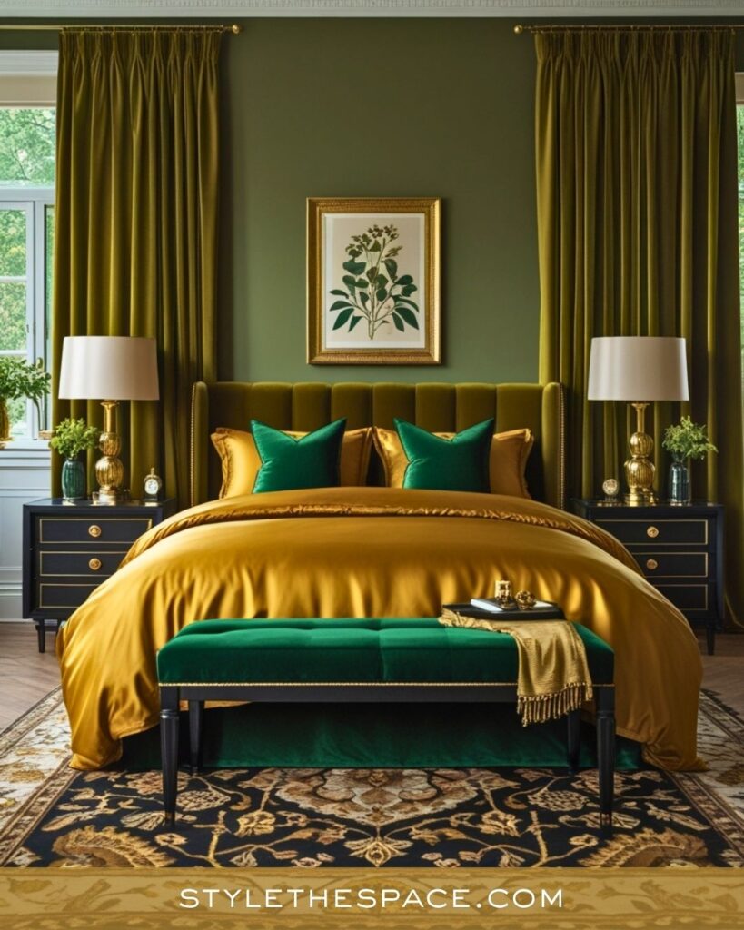 Olive Green and Mustard Yellow Luxe Bedroom