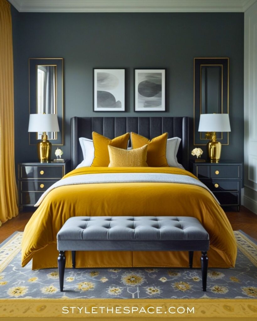 Charcoal Gray and Mustard Yellow Modern Bedroom