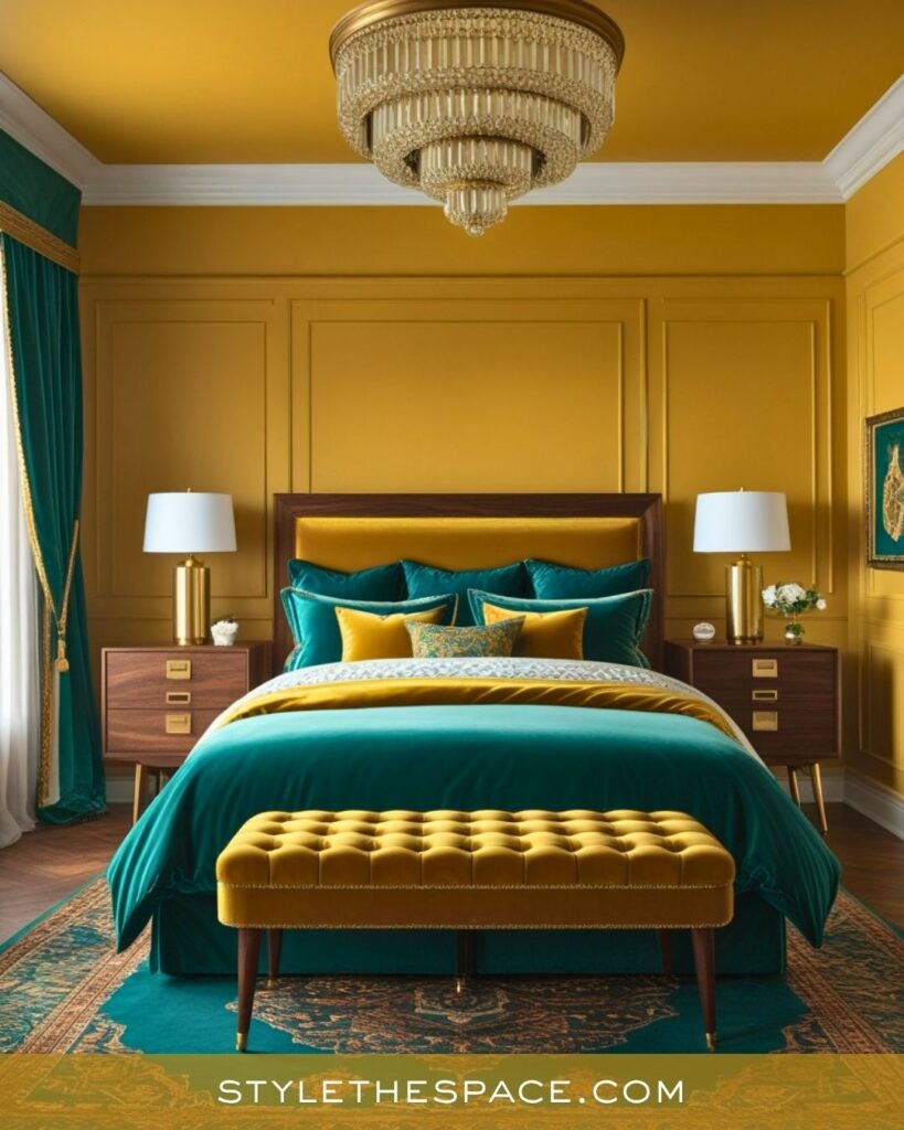 Teal and Mustard Yellow Luxe Bedroom Design