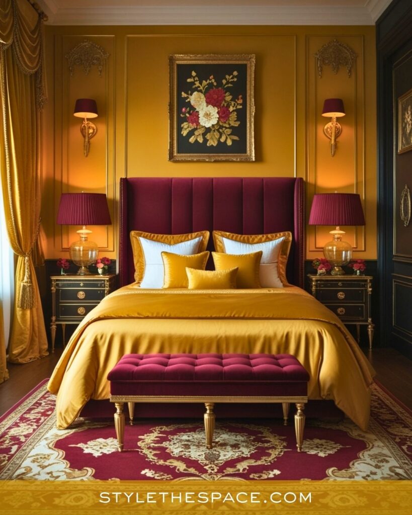 Golden Yellow and Burgundy Luxury Bedroom