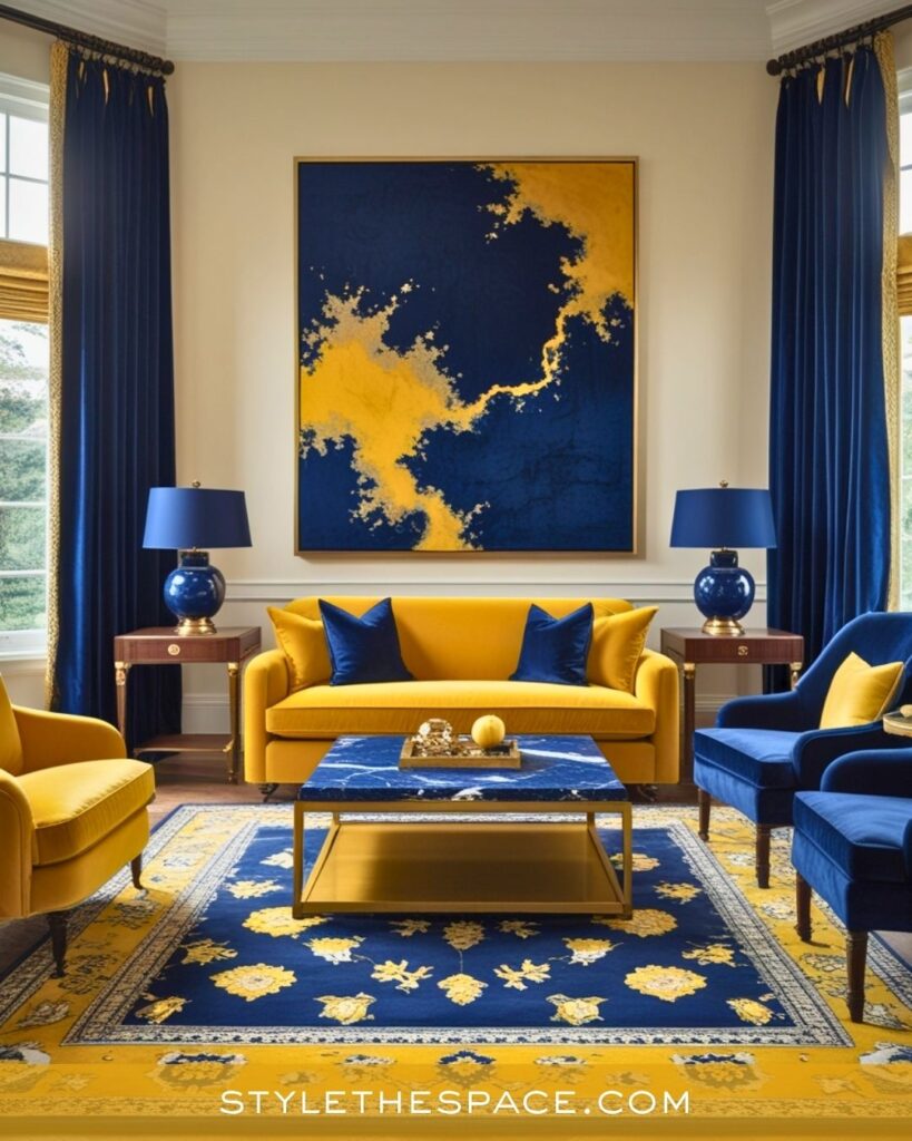 Luxurious Yellow and Navy Living Room Idea