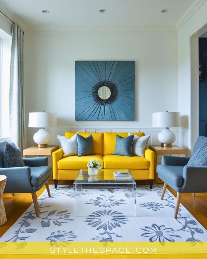 Modern Yellow and Slate Blue Living Room Idea