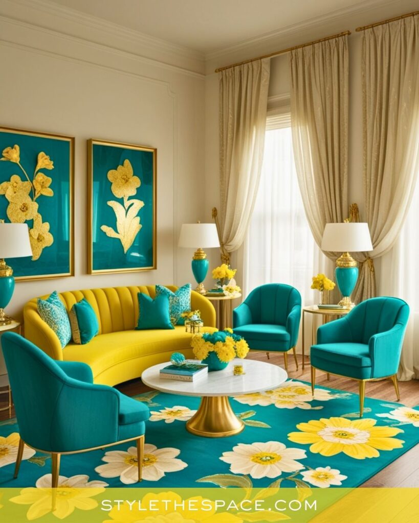 Vibrant Yellow and Teal Glam Living Room Idea