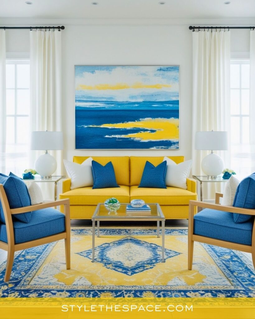 Bright Coastal Yellow and Blue Living Room Idea