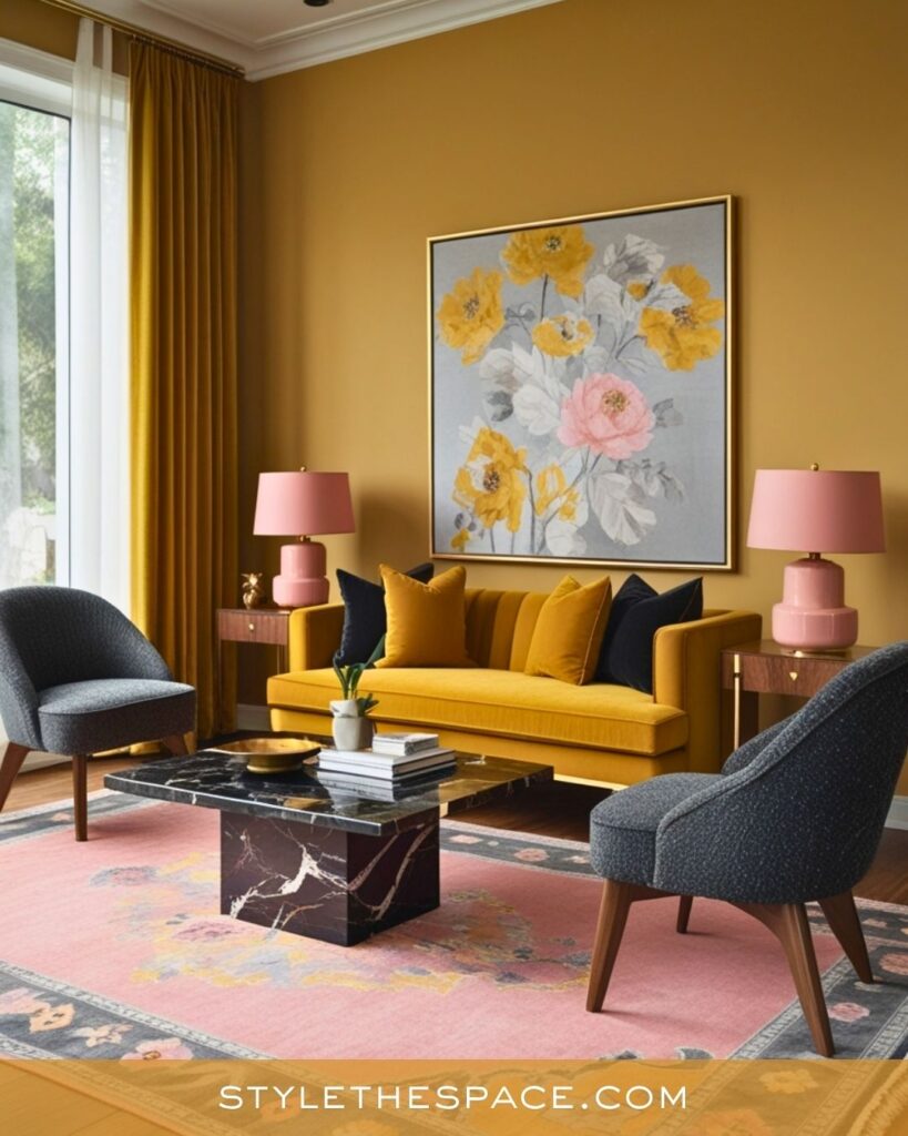 Modern Yellow and Pink Living Room Idea