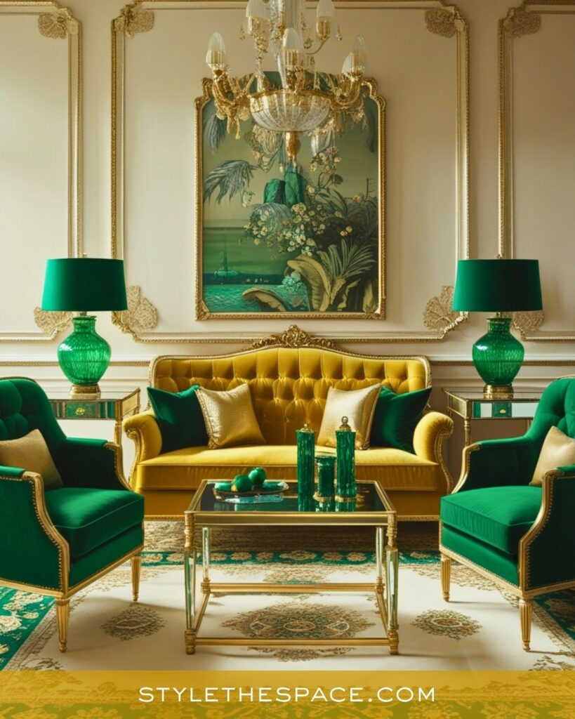 Luxurious Yellow and Emerald Green Living Room Idea