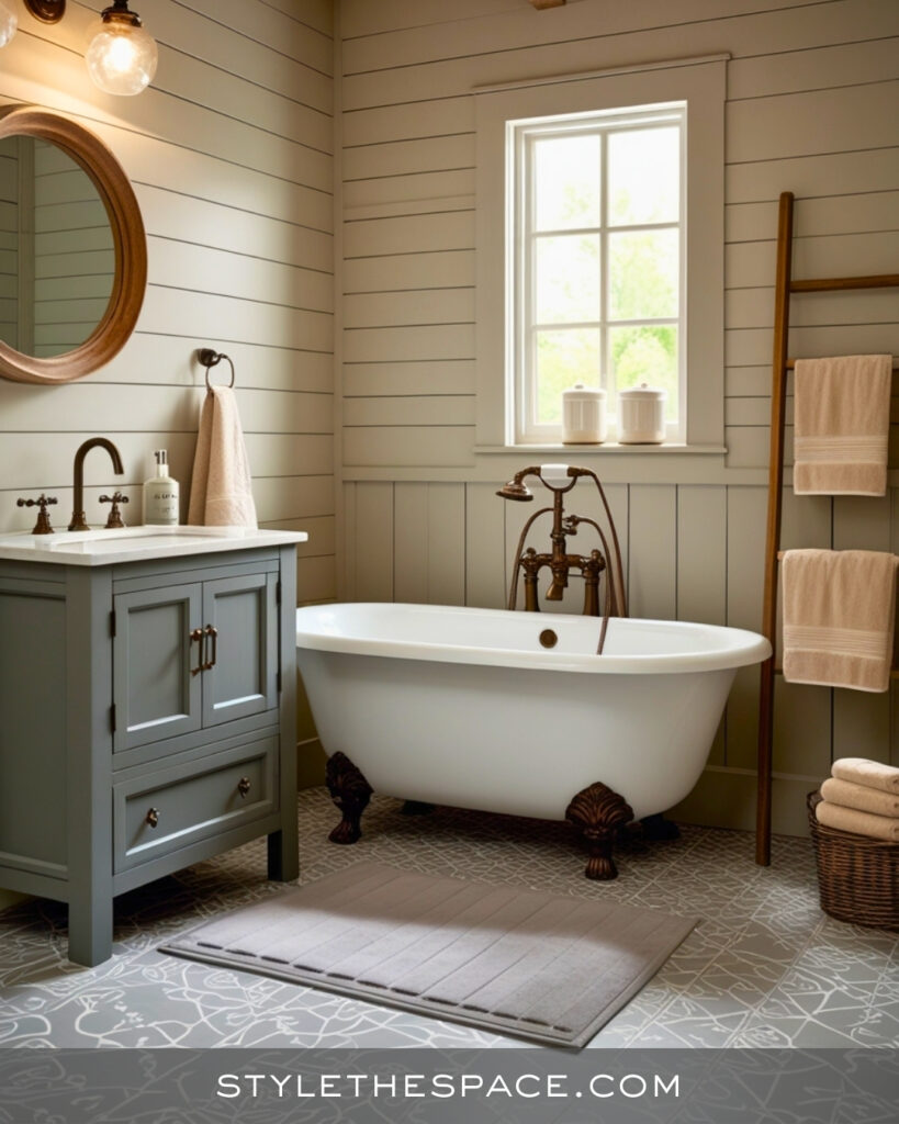 Beige and Grey Farmhouse Bathroom with Timeless Charm