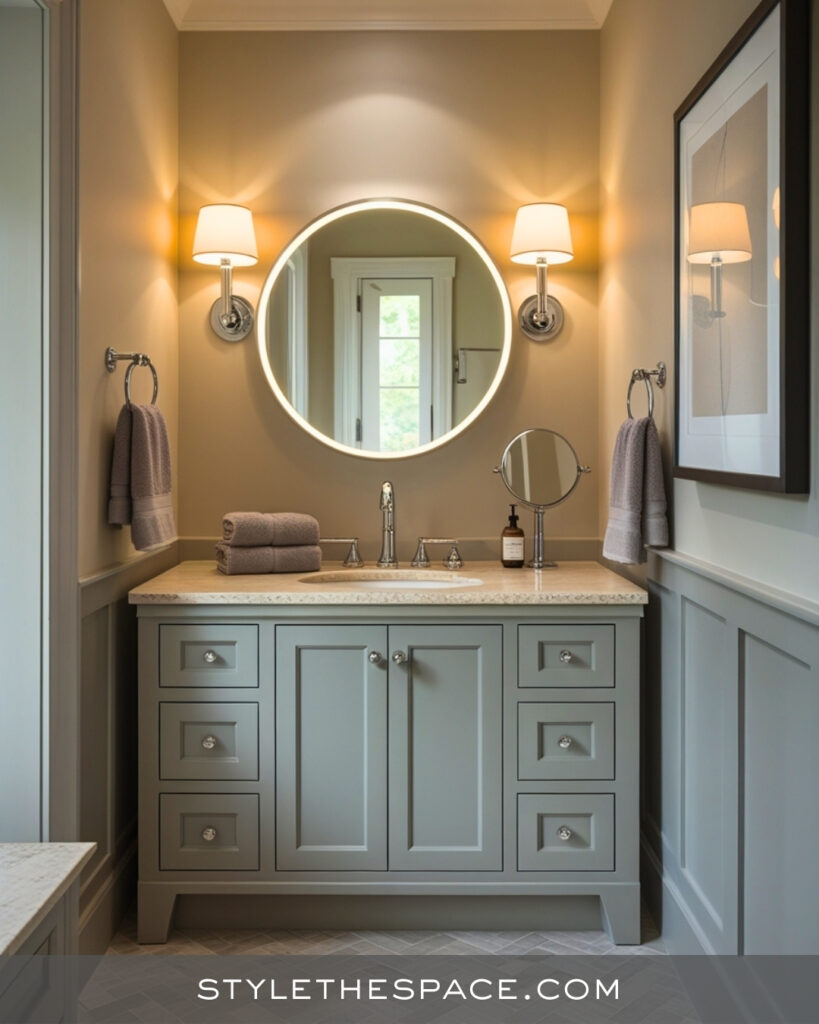 Beige and Grey Bathroom with Soft Transitional Style