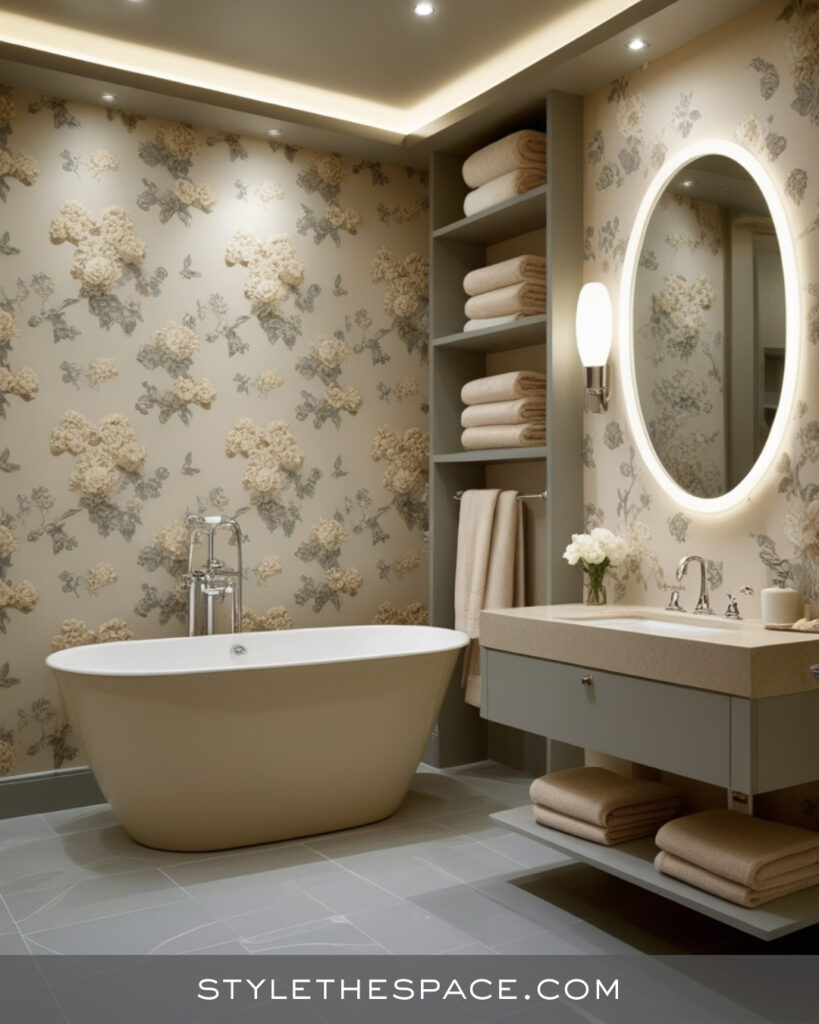 Elegant Beige and Grey Bathroom with Soft Floral Detail