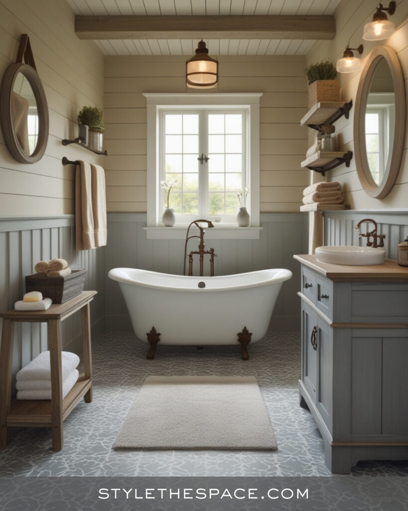 Beige and Grey Farmhouse Bathroom with Soft Contrast