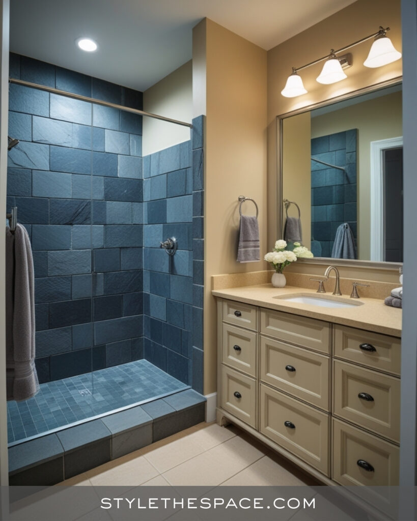 Balanced Beige and Grey Bathroom with Rich Tile Contrast