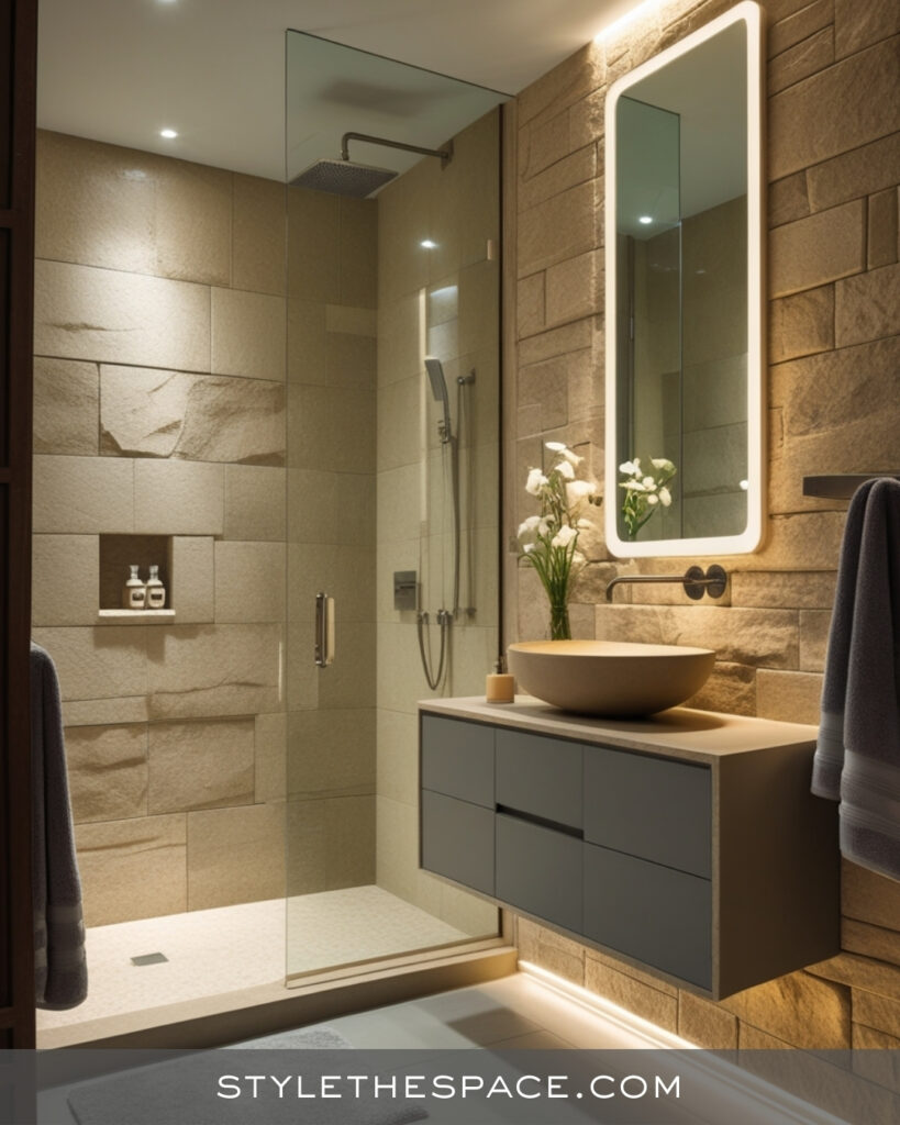 Warm Beige and Grey Bathroom with Modern Spa Style