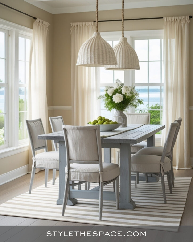 Light Beige and Grey Dining Room With Coastal Farmhouse Style