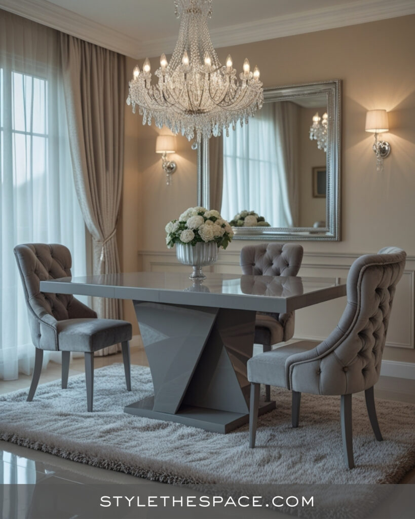Elegant Beige and Grey Dining Room With Soft Glam Style