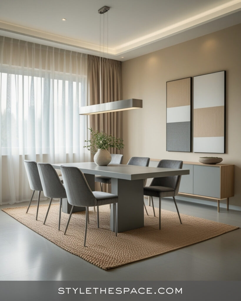 Beige and Grey Dining Room With Modern Neutral Balance