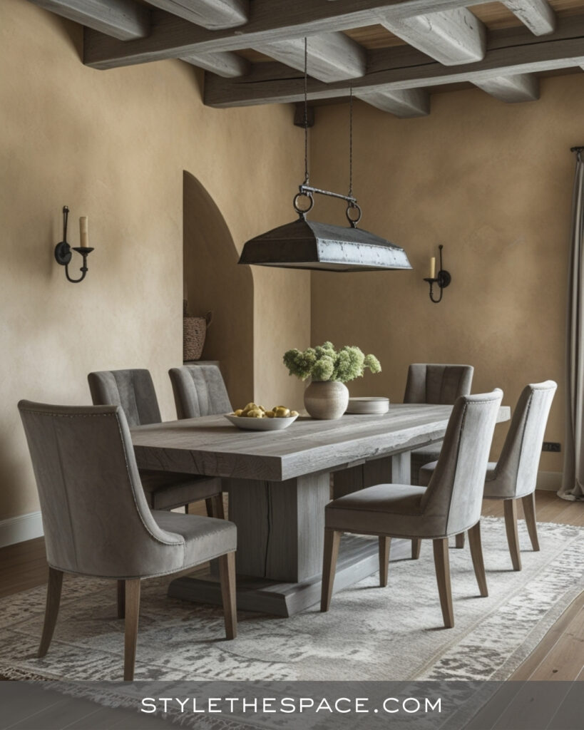 Rustic Beige and Grey Dining Room With Warm Modern Farmhouse Style