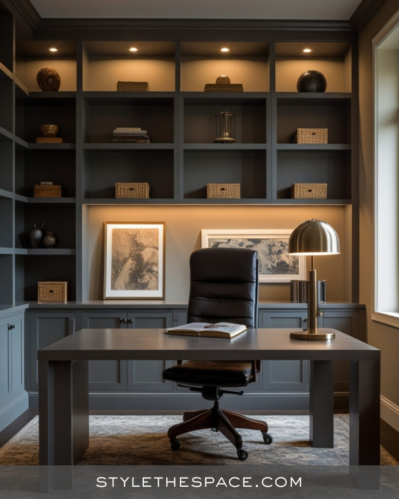 Beige and Grey Home Office with Deep Built In Storage