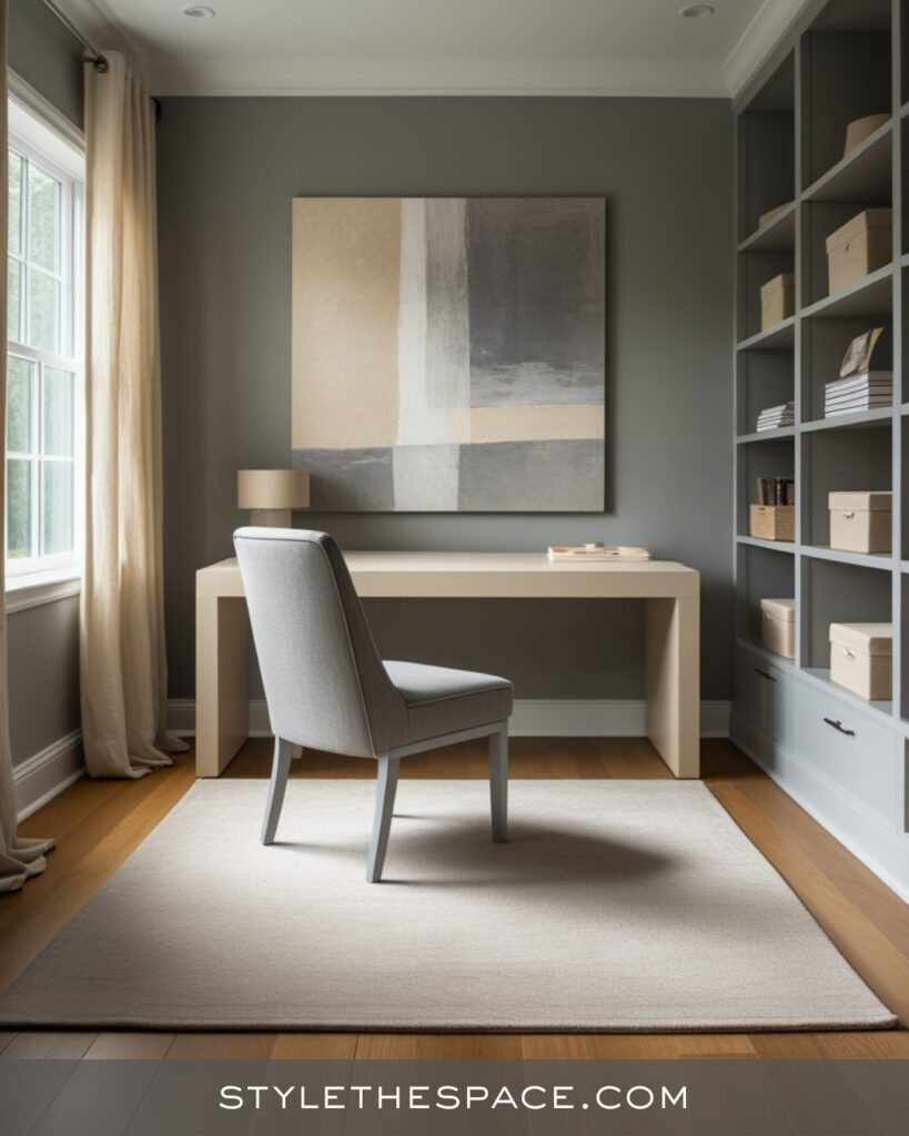 Serene Beige and Grey Home Office with Modern Balance