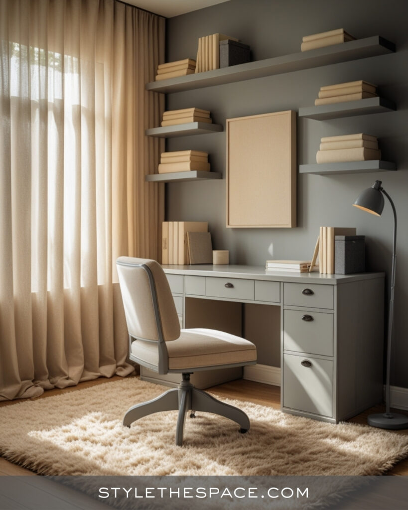 Soft Beige and Grey Home Office with Calm Layered Neutrals