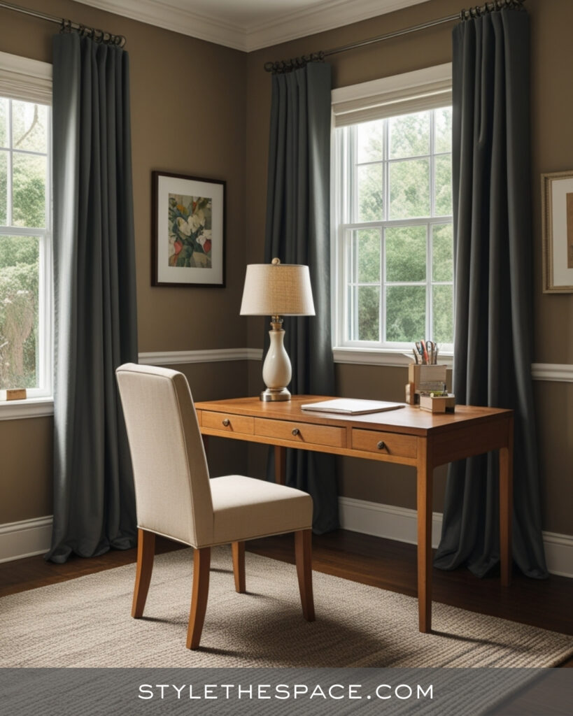 Warm Beige and Grey Home Office with Classic Comfort