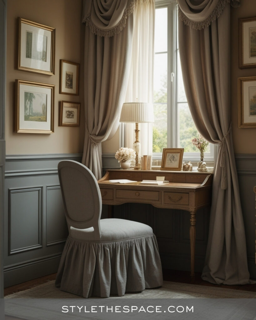 Classic Beige and Grey Home Office with Vintage Elegance