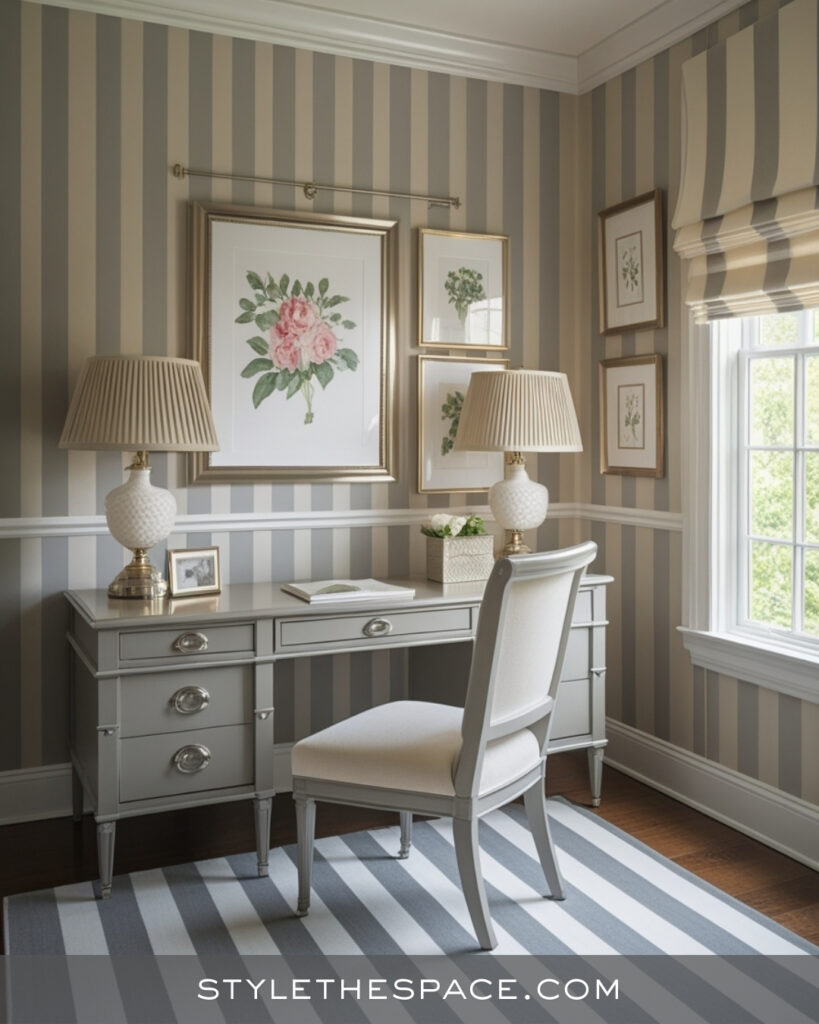 Classic Beige and Grey Home Office with Soft Stripes
