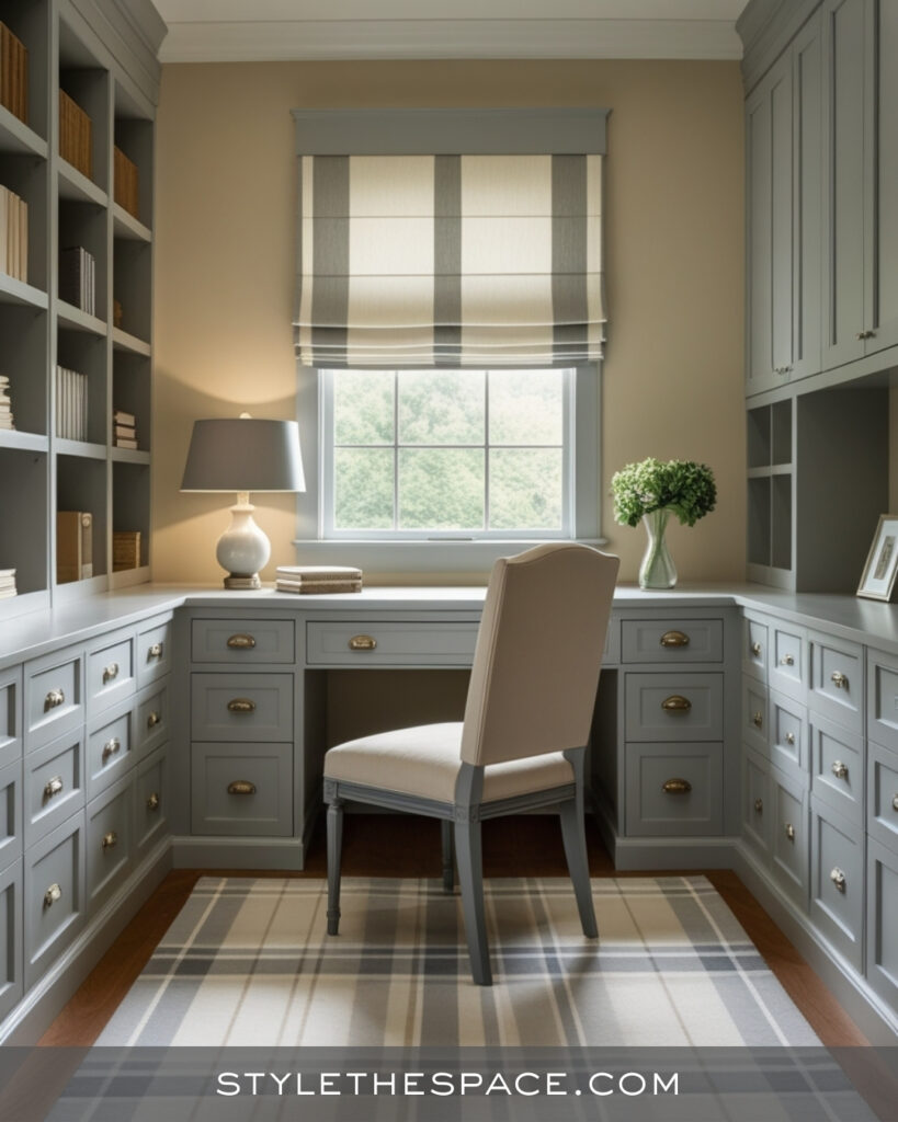 Warm Beige and Grey Home Office with Built In Storage