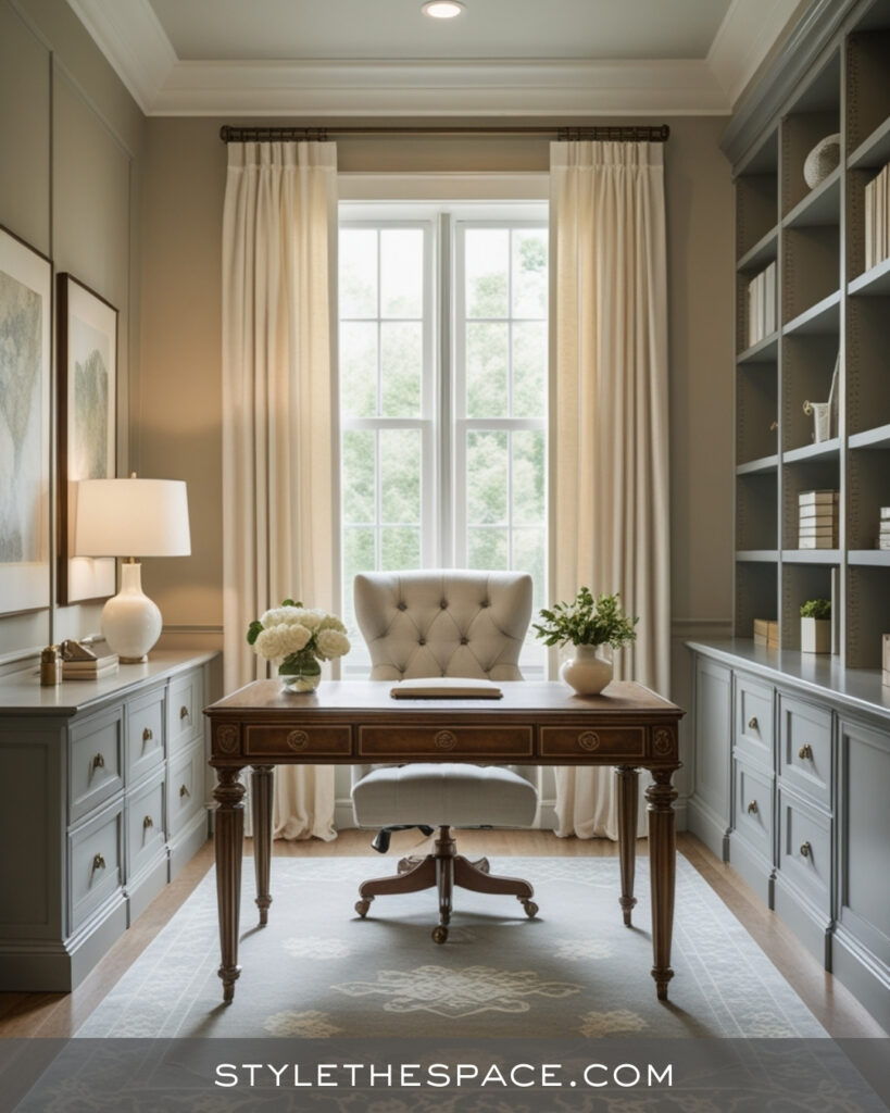Classic Beige and Grey Home Office with Timeless Details