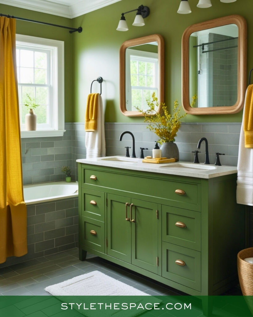 Fresh Green Bathroom With Warm Yellow Accents