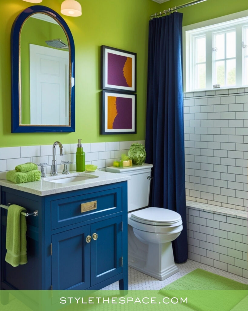 Bright Green Bathroom With Blue Contrast