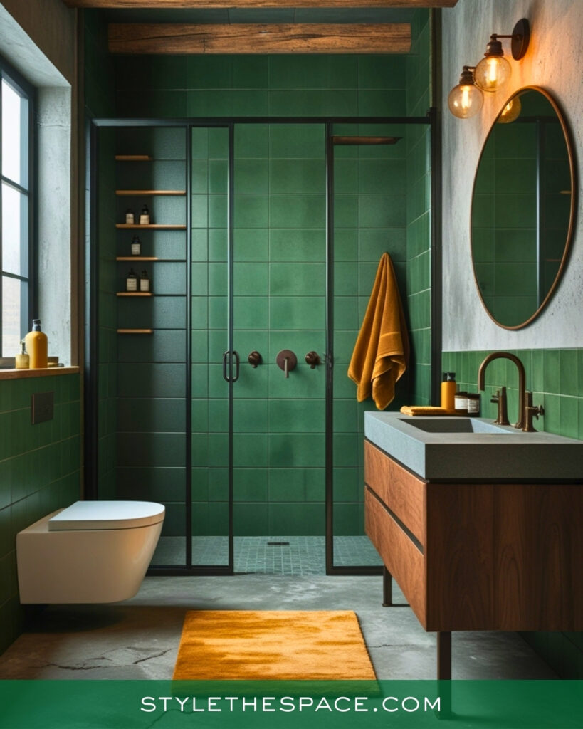 Industrial Green Bathroom With Warm Wood Accents