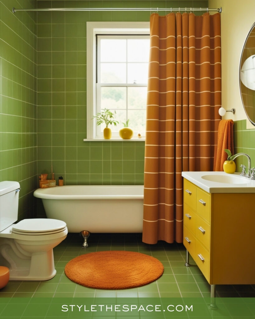 Olive Green Bathroom With Mustard and Rust Accents