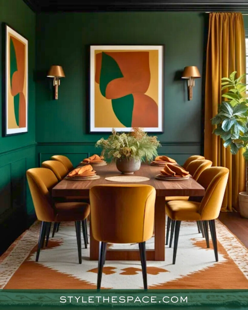 Moody Green Dining Room with Warm Earthy Accents
