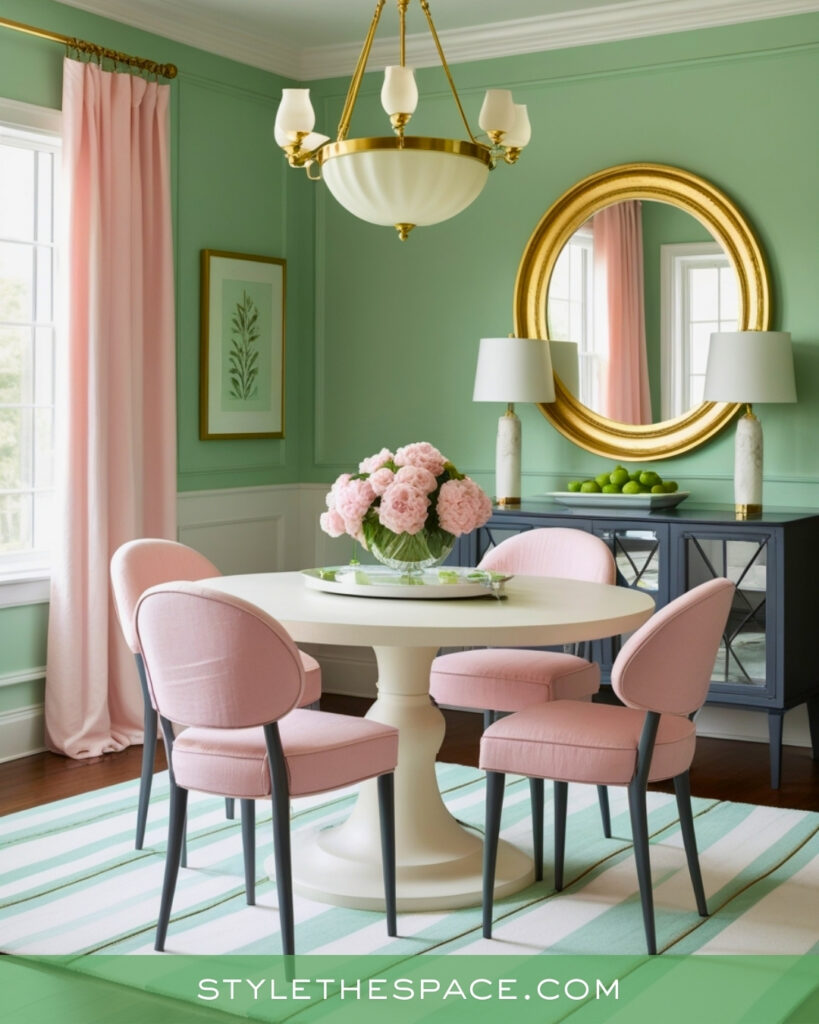 Soft Green Dining Room with Elegant Blush Accents