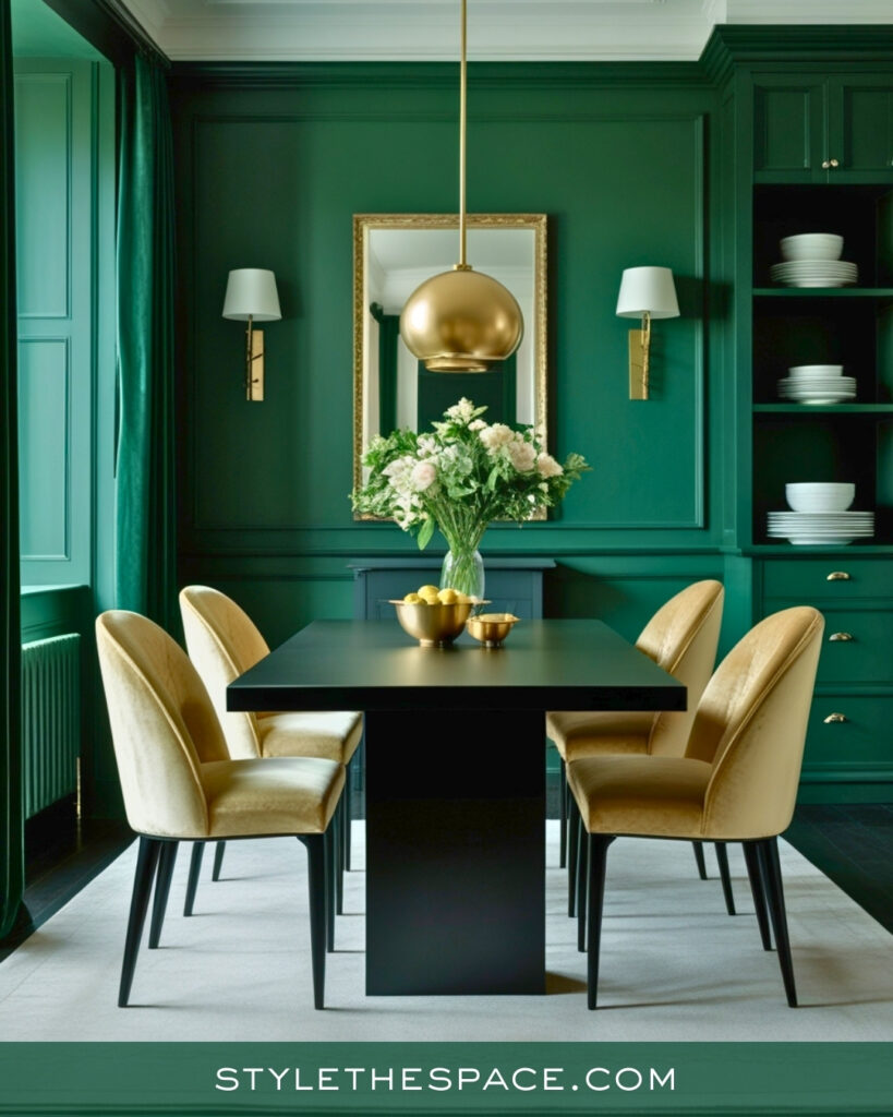 Deep Green Dining Room with Elegant Modern Glam