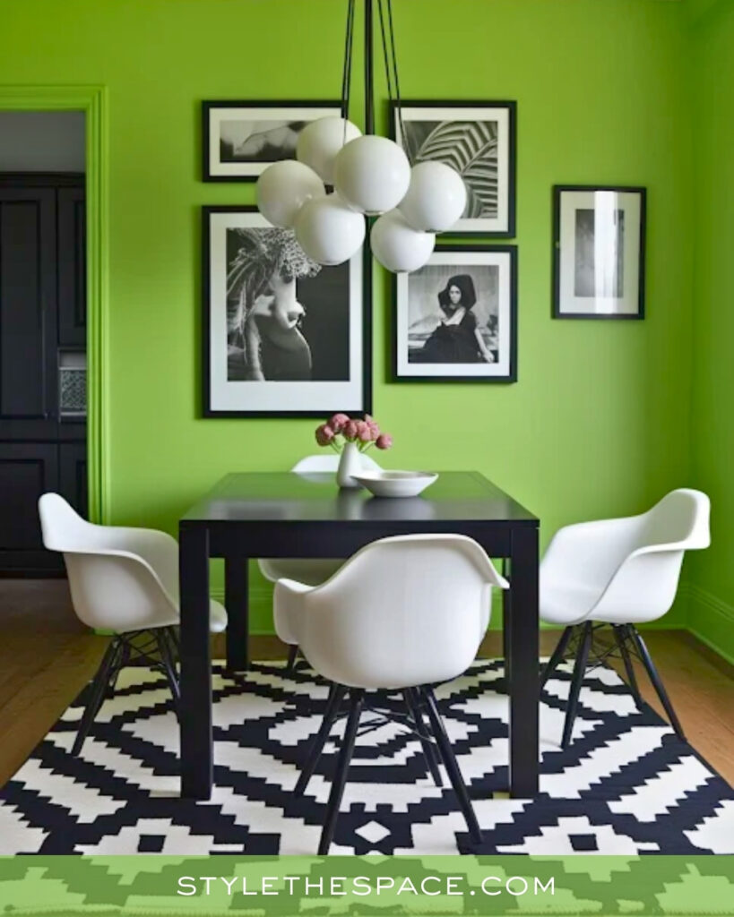 Bright Green Dining Room with Modern Graphic Style