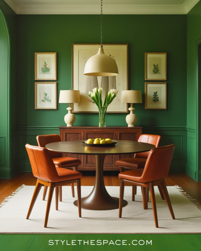 Classic Dark Green Dining Room with Warm Leather Accents