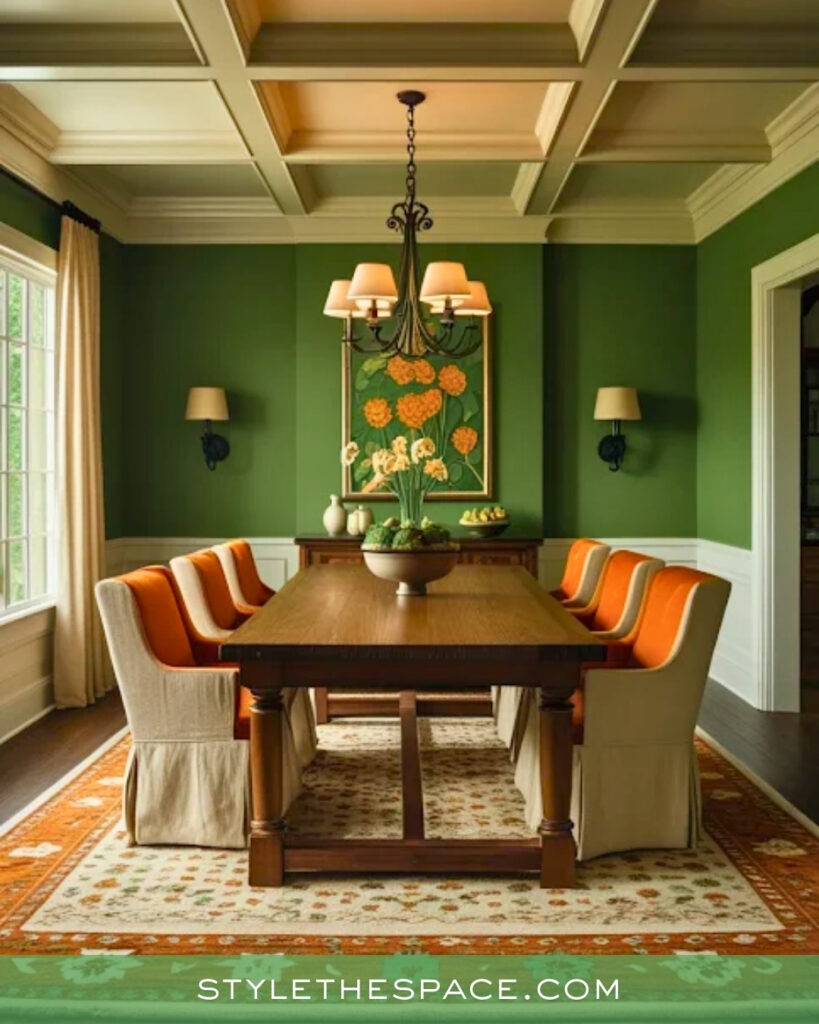 Olive Green Dining Room with Warm Orange Accents