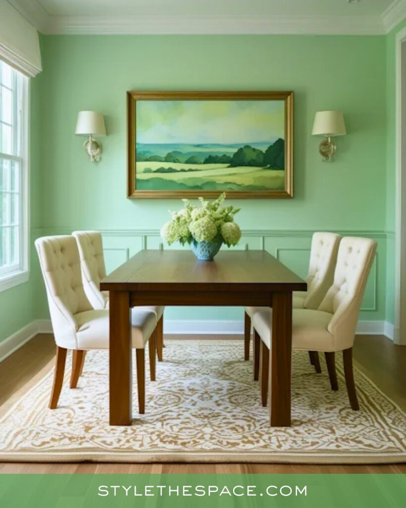 Soft Mint Green Dining Room with Classic Neutrals