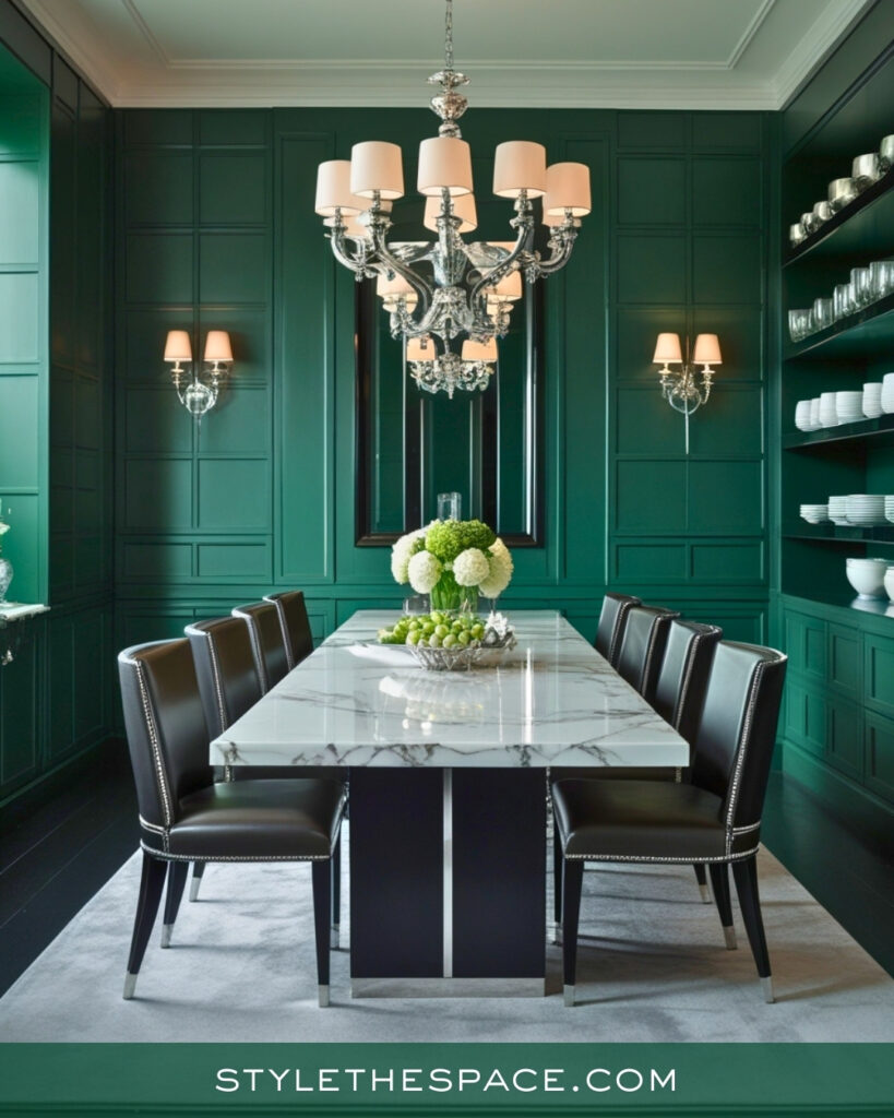 Deep Teal Green Dining Room with Marble and Crystal Accents
