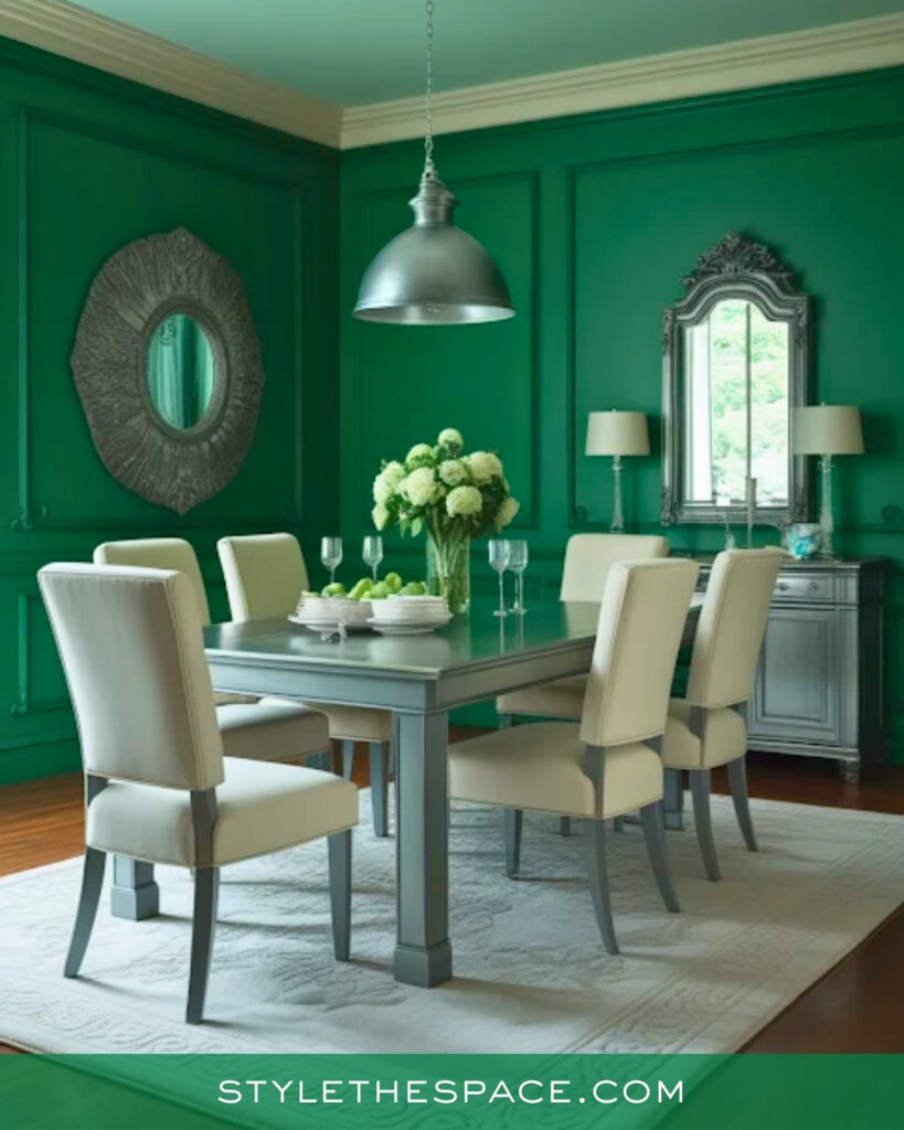 Emerald Green Dining Room with Soft Gray and Cream Balance