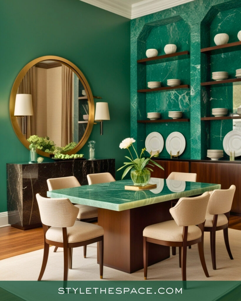 Jewel Green Dining Room with Marble and Warm Wood Accents