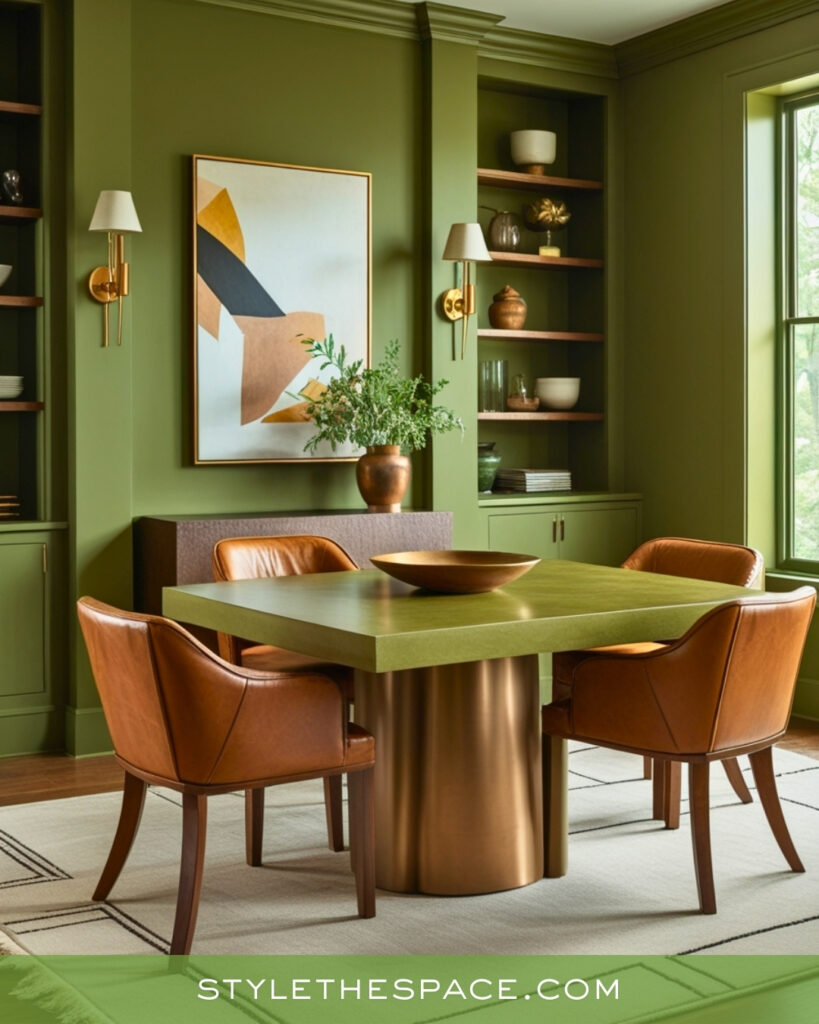Warm Olive Green Dining Room with Modern Elegance