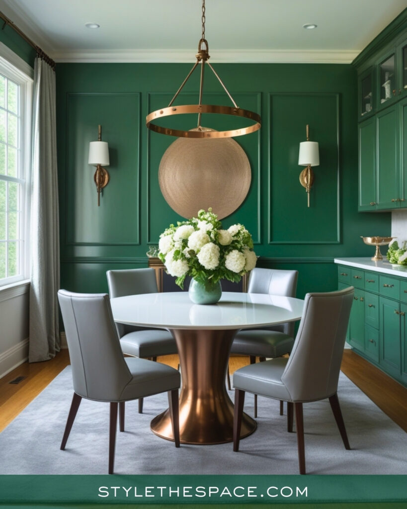 Deep Green Dining Room with Polished Transitional Style