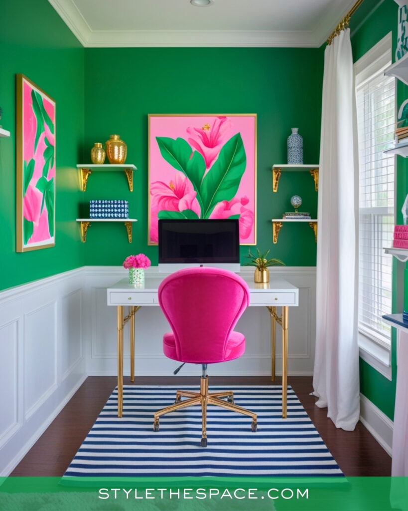 Green Home Office With Bold Pink Accents