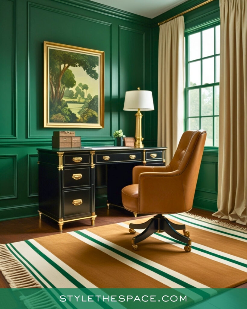 Classic Green Home Office With Leather and Brass Accents